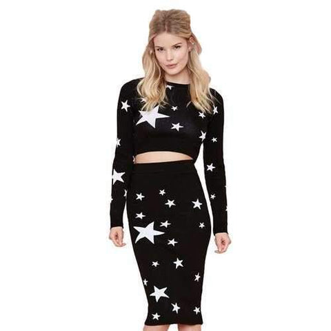 Trendy Style Round Collar Long Sleeve Full Star Pattern Knit Women's Crop Top - Black Xs