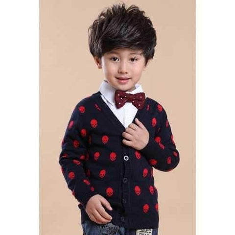 Stylish Long Sleeve V-Neck Skull Print Boy's Cardigan - Purplish Blue 130