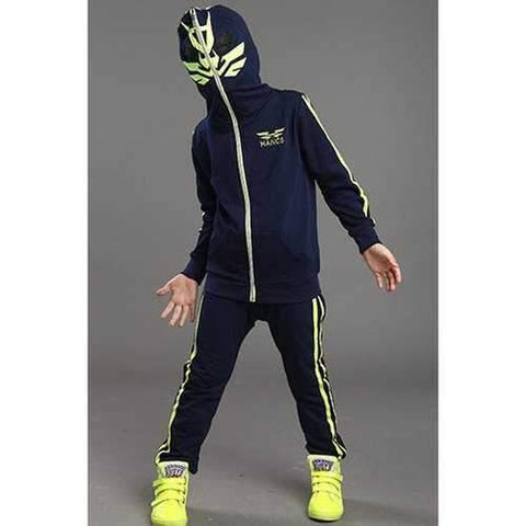 Fashionable Hooded Patterned Long Sleeve Coat + Striped Pants Twinset For Boy - Purplish Blue 120