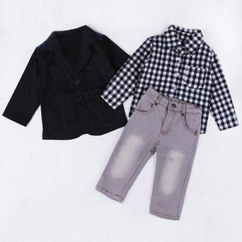 Fashionable Long Sleeve Checked Shirt + Black Coat + Solid Color Jeans Three Piece Suit For Boy - 130
