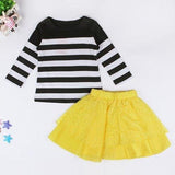 Cute Long Sleeve Round Neck Striped T-Shirt + Yellow Lace Skirt Girl's Twinset - Yellow 110