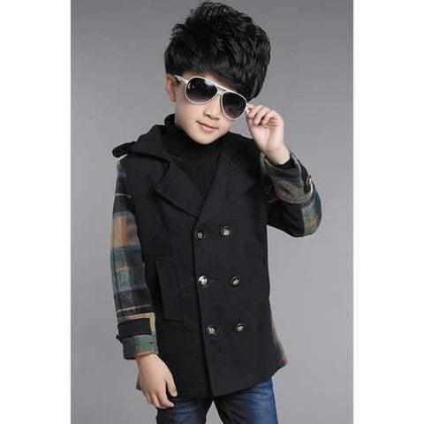 Stylish Long Sleeve Lapel Double-Breasted Checked Boy's Coat - Black 120