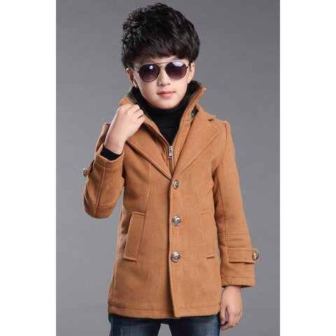Stylish Long Sleeve Zipper Fly Buttoned Faux Twinset Boy's Woolen Coat - Earthy 130