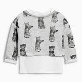 Casual Long Sleeve Round Neck Cat Print T-Shirt + White Vest Girl's Twinset - Light Gray 90