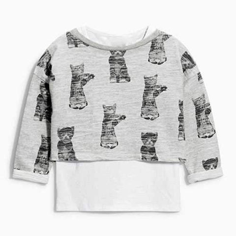 Casual Long Sleeve Round Neck Cat Print T-Shirt + White Vest Girl's Twinset - Light Gray 90
