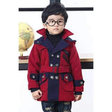 Fashionable Hooded Long Sleeve Pocket Design Double-Breasted Color Block Wool Coat For Boy - Red 125