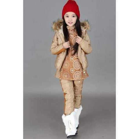 Casual Long Sleeve Lace Spliced Sweatshirt + Hooded Waistcoat + Pants Three Piece Suit For Girl - Coffee 110