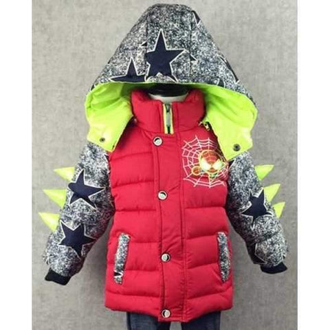 Fashionable Hooded Long Sleeve Star and Spider-Man Print Color Block Coat For Boy - Red 120