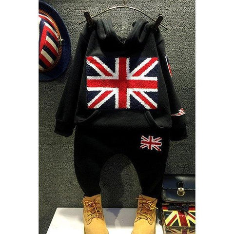 Stylish Thicken Union Flag Pattern Long Sleeve Hooded Sweatshirt + Pants Kid's Twinset - Black 100