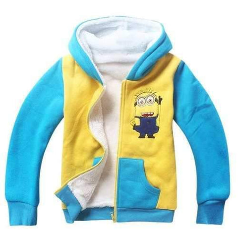Cute Long Sleeve Hooded Cartoon The Minions Pattern Color Block Kid's Coat - Blue And Yellow 150