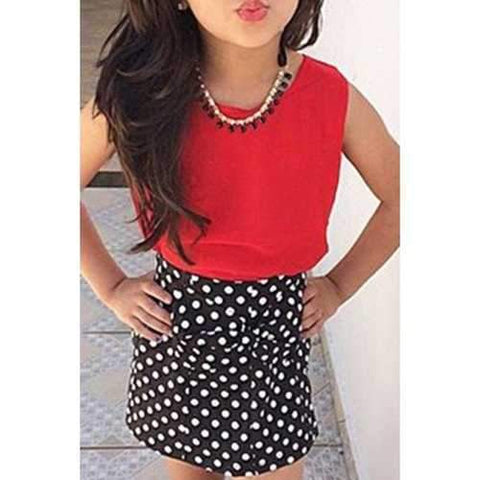 Stylish Sleeveless Round Neck Tank Top + Polka Dot Skirt Girl's Twinset - Red 110