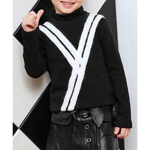 Casual Long Sleeve Turtleneck Letter Y Jacquard Girl's Sweater - Black 110