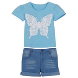 Stylish Short Sleeve Round Neck Butterfly T-Shirt + Denim Shorts Girl's Twinset - Light Blue 130