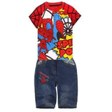 Stylish Short Sleeve Spider T-Shirt + Crop Jeans Boy's Twinset - Red 140
