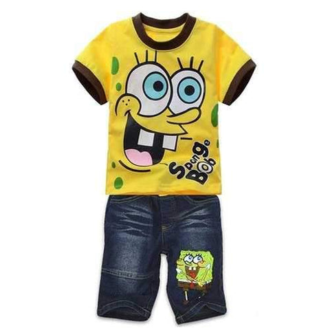 Fashionable SpongeBob Pattern Short Sleeve T-Shirt + Crop Jeans Boy's Twinset - Yellow 140