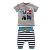 Casual Cartoon Print Short Sleeve T-Shirt + Striped Cropped Pants Boy's Twinset - Gray 100