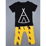 Casual Triangle Pattern Short Sleeve T-Shirt + Deer Print Pants Boy's Twinset - Yellow And Black 90