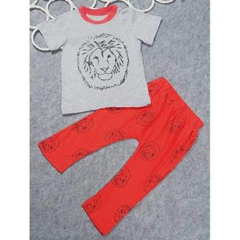 Casual Short Sleeve Lion Pattern T-Shirt + Pants Boy's Twinset - Red 90