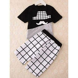 Casual Mustache Pattern T-Shirt + Checked Crop Pants Boy's Twinset - Black 100