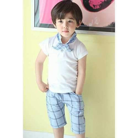 Stylish Polo Collar Short Sleeve T-Shirt + Crop Pants Boy's Twinset - White 140