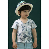 Casual V-Neck Short Sleeve Floral Print T-Shirt For Boy - Blue Gray 90