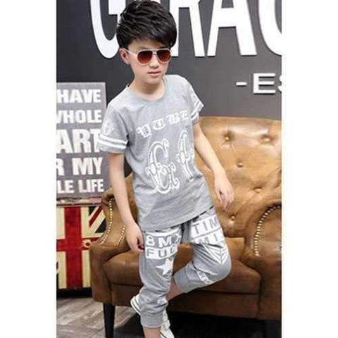 Casual Letter Print Short Sleeve T-Shirt + Crop Pants Boy's Twinset - Gray 140