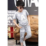 Casual Short Sleeve Letter Print T-Shirt + Capri Pants Boy's Twinset - Gray 140