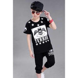 Casual Short Sleeve Pattern Print T-Shirt + Capri Pants Boy's Twinset - Black 140