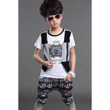 Casual Short Sleeve Pattern Design T-Shirt + Tribal Print Shorts Boy's Twinset - White 160
