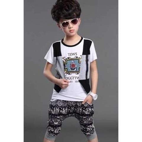 Casual Short Sleeve Pattern Design T-Shirt + Tribal Print Shorts Boy's Twinset - White 160