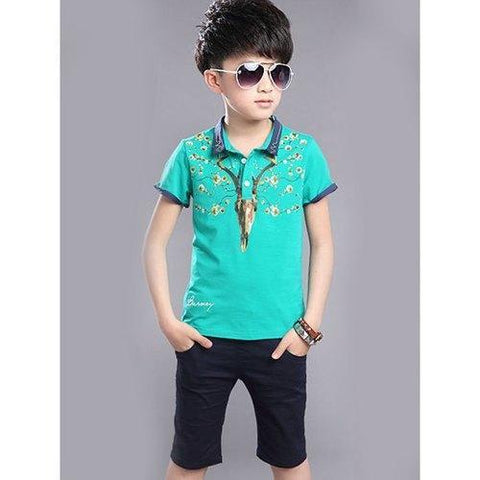 Casual Short Sleeve Pattern Print T-Shirt + Shorts Boy's Twinset - Green 140