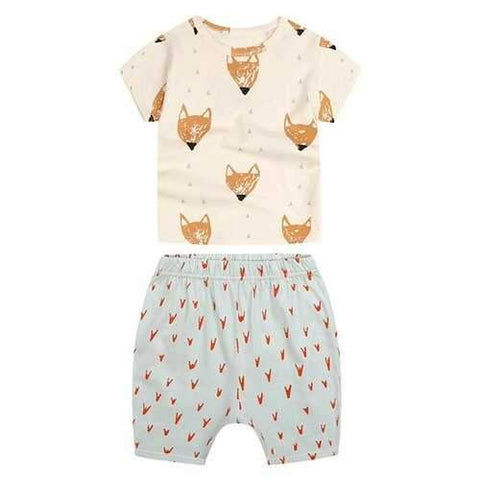 Casual Short Sleeve Fox Print T-Shirt + Shorts Boy's Twinset - Beige 100