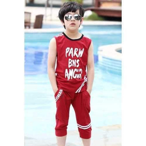 Sweet Sleeveless Letter Print Tank Top + Capri Pants Boy's Twinset - Red 140