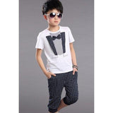 Casual Plaid Bowknot Design T-Shirt + Crop Pants Boy's Twinset - White 160