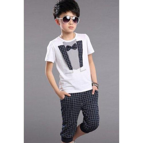 Casual Plaid Bowknot Design T-Shirt + Crop Pants Boy's Twinset - White 160