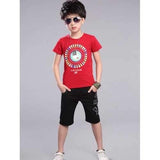Casual Short Sleeve Circle Pattern T-Shirt + Letter Print Knee-Length Pants Boy's Twinset - Red 130