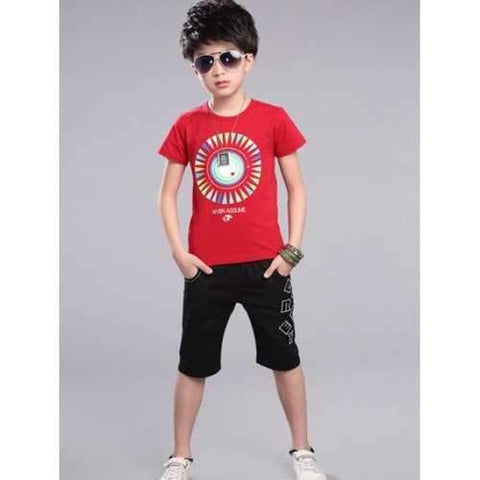 Casual Short Sleeve Circle Pattern T-Shirt + Letter Print Knee-Length Pants Boy's Twinset - Red 130