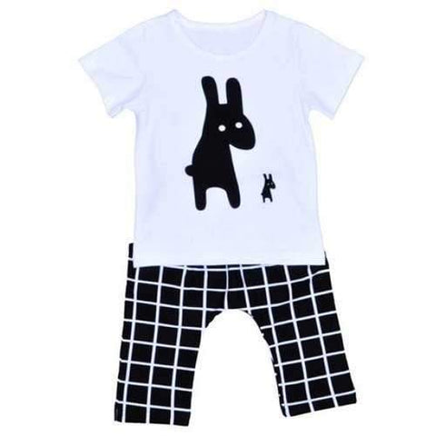 Casual Cartoon Print Short Sleeve T-Shirt + Plaid Harem Pants Boy's Twinset - White And Black 130