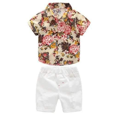 Stylish Floral Print Shirt + Ripped Denim Shorts Boy's Twinset - Beige 120