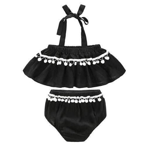 Cute Halter Flounced Crop Top + Briefs Girl's Twinset - Black 90