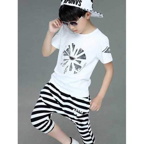 Abstract Print T-Shirt + Striped Color Block Capri Harem Pants - White 130