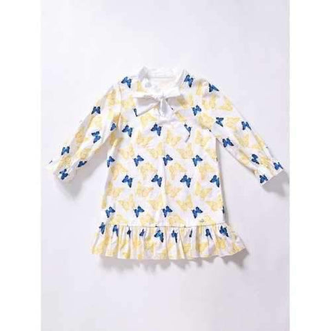 Long Sleeve Bow Tie Collar Butterfly Print Girl's Dress - White 130