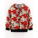 Floral Print Zipper Fly Long Sleeve Jacket - Red 100