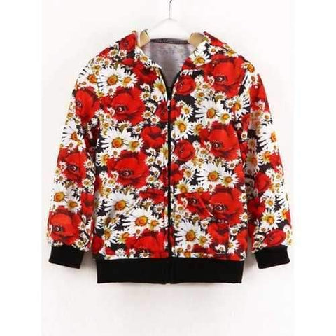 Floral Print Zipper Fly Long Sleeve Jacket - Red 100