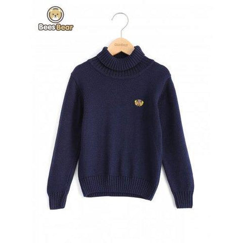 Boys Turtleneck Solid Color Pullover Sweater - Deep Blue Child-8