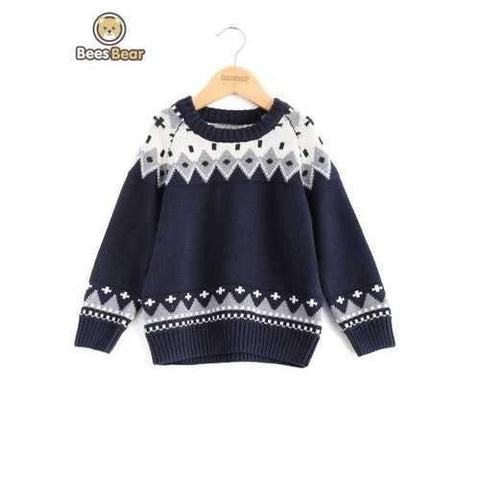 Geometric Pattern Jacquard Knit Pullover Sweater - Purplish Blue Child-8