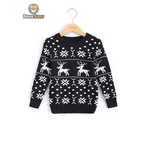 Snowflake Jacquard Elk Black Pullover Sweater - Black Child-8