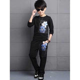 Casual Flower Pattern T-Shirt + Pants Boy's Twinset - Black 140