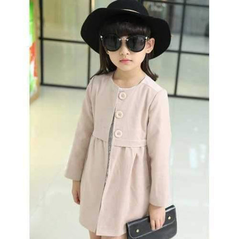 Round Neck Buttoned A-Line Girl's Trench Coat - Khaki 130