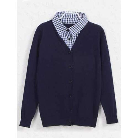 Plaid Shirt Collar Buttoned Embellished Sweater - Purplish Blue 140
